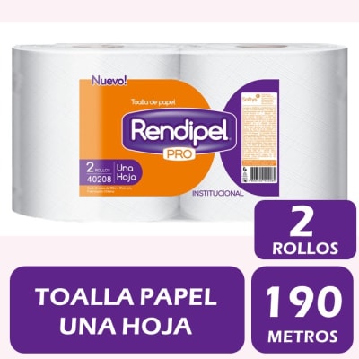 Rendipel Toalla de Papel Jumbo Hoja Simple 190 Metros 2 Rollos