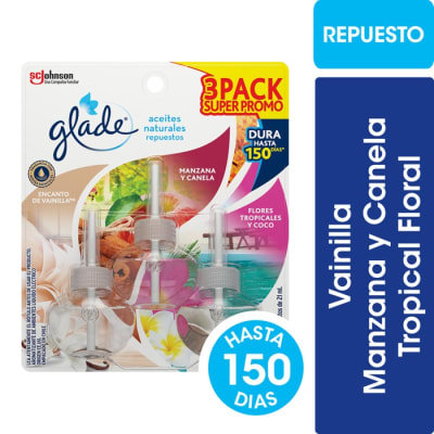 Glade Aromatizante Eléctrico Repuesto Surtido Aceite Naturales Encanto de Vainilla, Manzana Canela y Flores Tropicales 21 ml Pack 3 un1