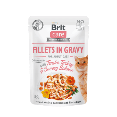BRIT CAT FILLETS IN GRAVY WITH TENDER TURKEY & SAVORY SALMON  POUCH 85 GR1