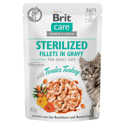 BRIT CAT STERILIZED FILLETS IN GRAVY WITH TENDER TURKEY POUCH 85 GR1