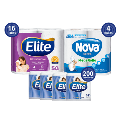 Pack 16 Rollos Papel Higiénico Elite 50 mt + 4 Rollos Nova Megarollo 24 mt + 200 Servilletas Elite .