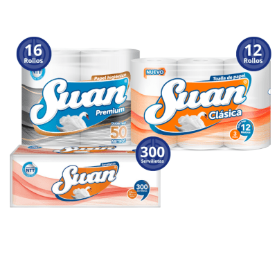 Pack 16 Rollos Papel Higiénico Swan 50 mt + 12 Rollos Swan Toalla de Papel 12 mt + 300 Servilletas Swan.