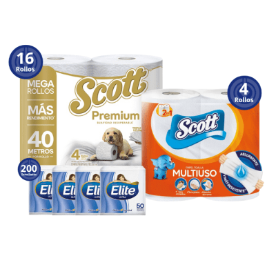 Pack 16 Rollos Scott Papel Higienico Premium 40 m + 4 Rollos Scott Toalla de Papel Multiuso + 200 Sevilletas Elite1