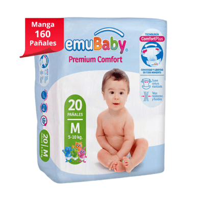 Manga 8 Paq. Emubaby Pañal Premium Comfort Talla M 20 un.