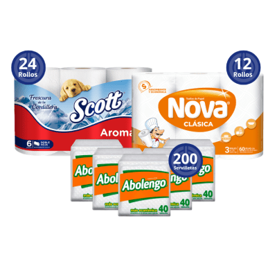 Pack 24 Rollos Papel Higiénico Scott Aromas 21 mt + 12 Rollos Nova Clásica 12 mt + 200 Servilletas Abolengo.