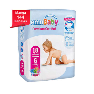 Manga 8 Paq. Emubaby Pañal Premium Comfort Talla G 18 un.
