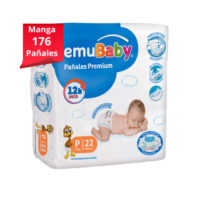 Manga 8 Paq. Emubaby Pañal Súper Premium Talla P 22 un.