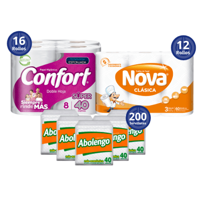 Pack 16 Rollos Papel Higiénico Confort 40 mt + 12 Rollos Nova Clásica 12 mt + 200 Servilletas Abolengo.