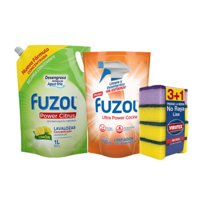 Pack Lavalozas Fuzol Limón 1 L + Antigrasa Fuzol Ultra Power 700 ml + Esponja Lisa Virutex 3 +1.