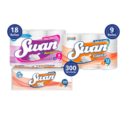 Pack 18 Rollos Papel Higiénico Swan 20 mt. + 9 Rollos Toalla de Papel Swan 12 mt + 300 Servilletas Swan.