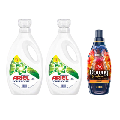 Pack 2 Detergentes Líquidos Ariel Concentrado Doble Poder 1,8 L + 1 Suavizante Downy 900 ml.