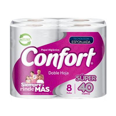 Papel Higiénico Confort  Doble Hoja 40 mt 8 rollos.