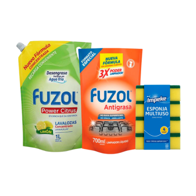 Pack Lavalozas Fuzol Limón 1 L + Antigrasa Fuzol Ultra Power 700 ml + Esponja Lisa Impeke 4 un.