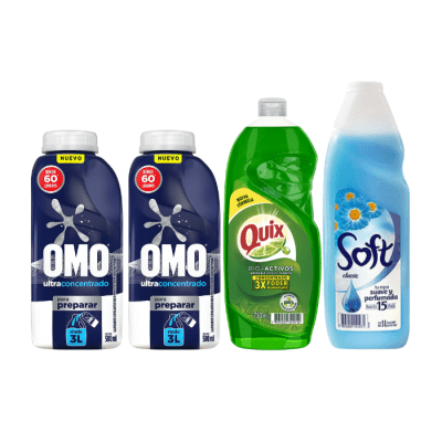 Pack 2 Detergentes Omo Power para Diluir 500 ml + 1 Quix Lavalozas Limón 500 ml + 1 Suavizante Soft Classic 1 L.