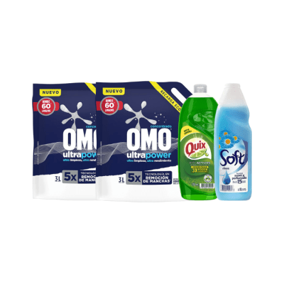 Pack 2 Omo Ultra Power 3 L + Quix Lavalozas concentrado 500 ml + Soft Suavizante Classic 1 L.