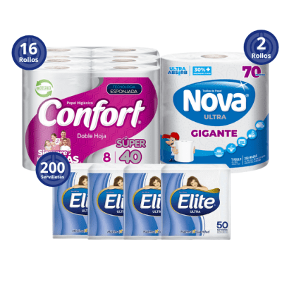 Pack Ahorro 16 Rollos Papel Higiénico Confort 40 Mt + 2 Rollos Toalla Nova Gigante 70 mt + 200  Servilletas Elite.