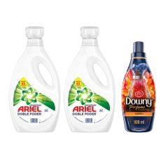 Pack 2 Detergentes Líquidos Ariel Concentrado Doble Poder 1,8 L + 1 Suavizante Downy 900 ml.