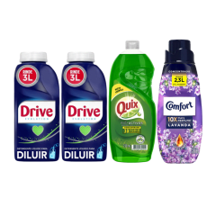 Pack 2 Detergentes Líquidos Drive Diluir 500 ml  + 1 Quix Lavalozas 750 ml + 1 Suavizante Comfort Lavanda 500 ml