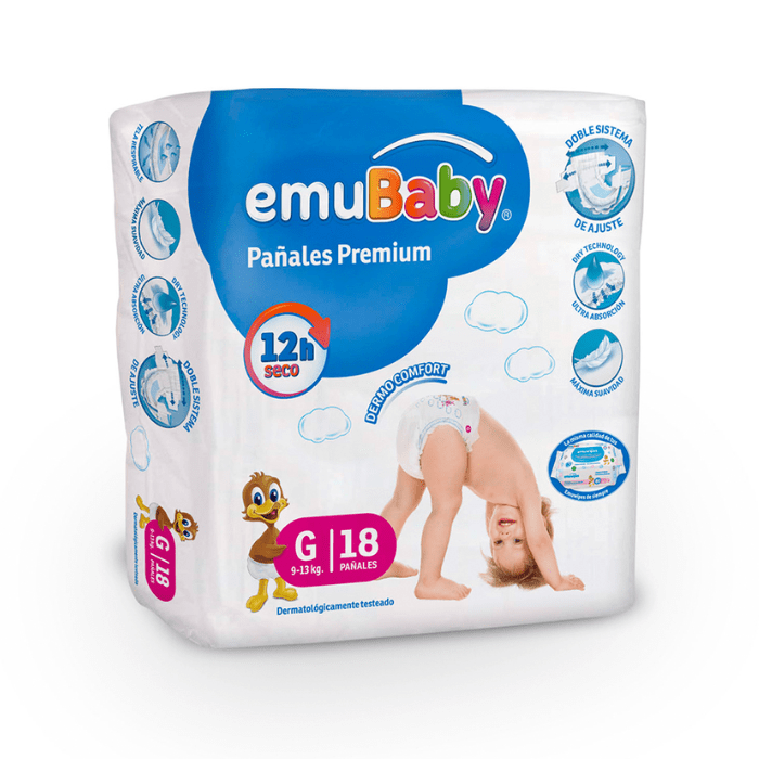 Pañales Emubaby Súper Premium Talla G 18 un. 0
