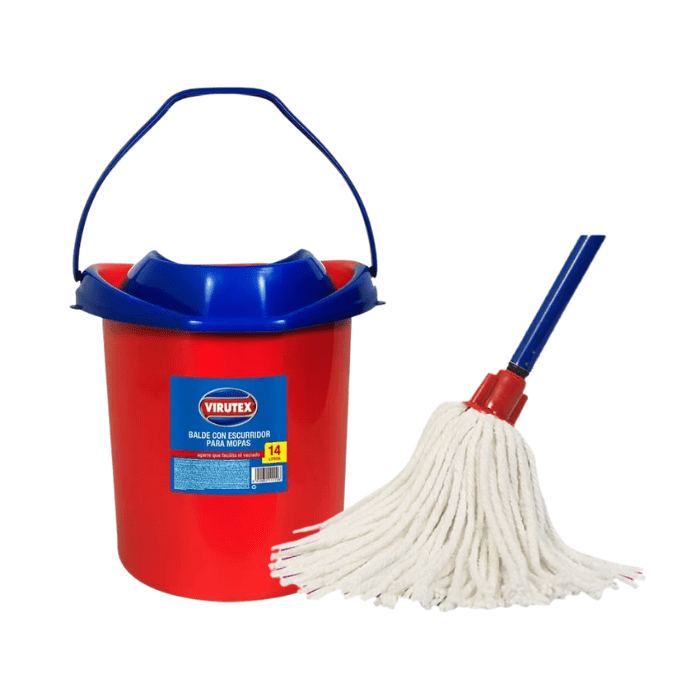Balde con Escurridor 14 Lt + Mopa Redonda de Algodón Extra grande con mango Virutex. 0