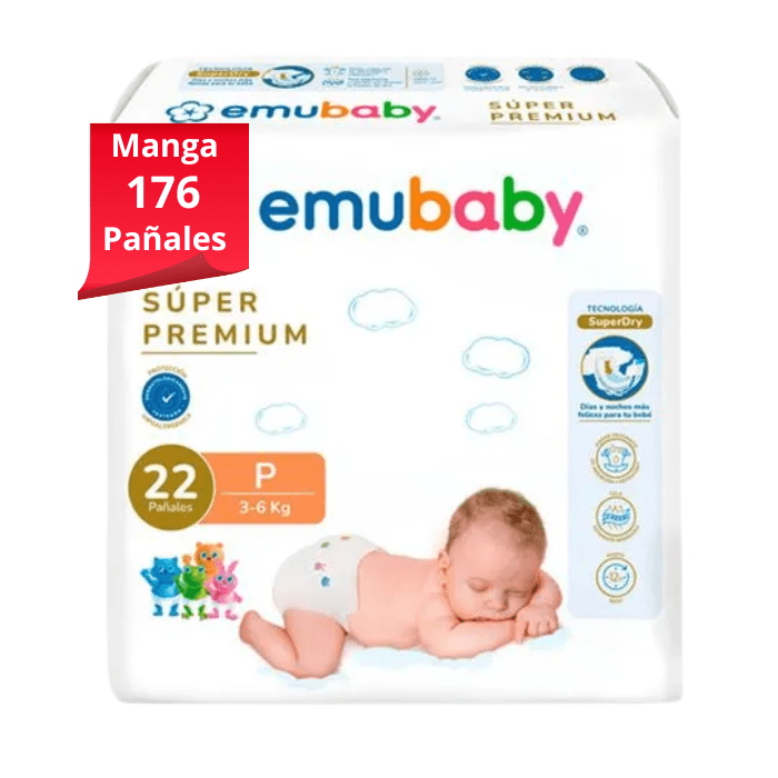 Manga 8 Paq. Emubaby Pañal Súper Premium Talla P 22 un.2