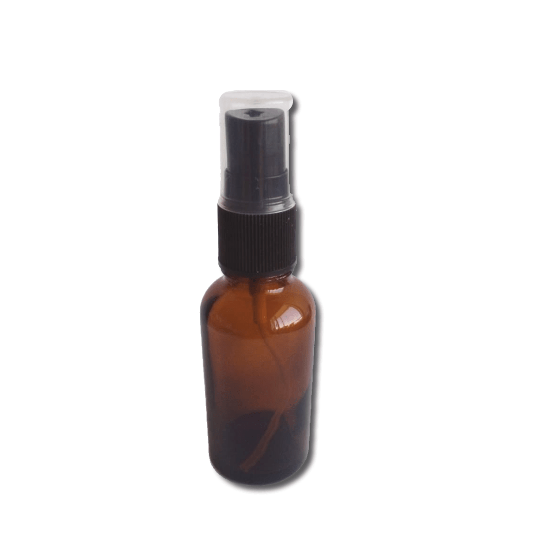 Botella de vidrio ámbar 30 ml con dispensador spray negro1