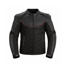 CHAQUETA PARA MOTO WINDESIGN MIXTA DE CUERO Y CORDURA CON PROTECCIONES NEGRA ROJA