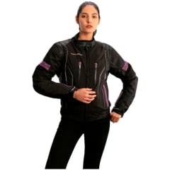 chaqueta cordura mujer negra morada detalles cuero