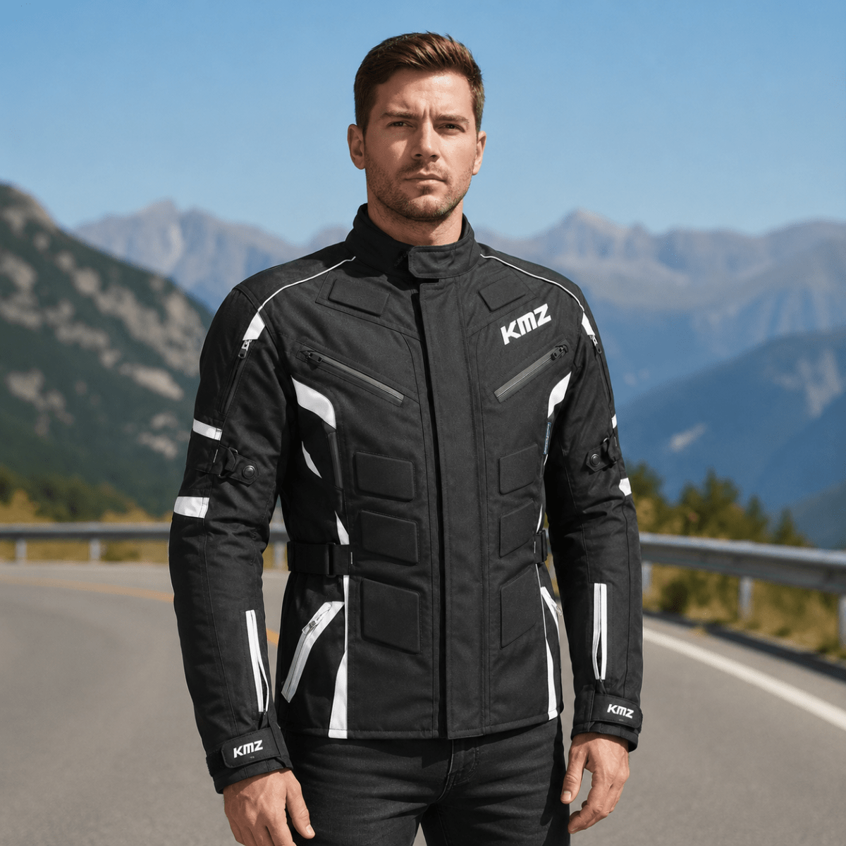 CHAQUETA DE MOTO KMZ NEGRA REFLECTORES BLANCO | PROTECCIÓN EN CADA TRAYECTO2