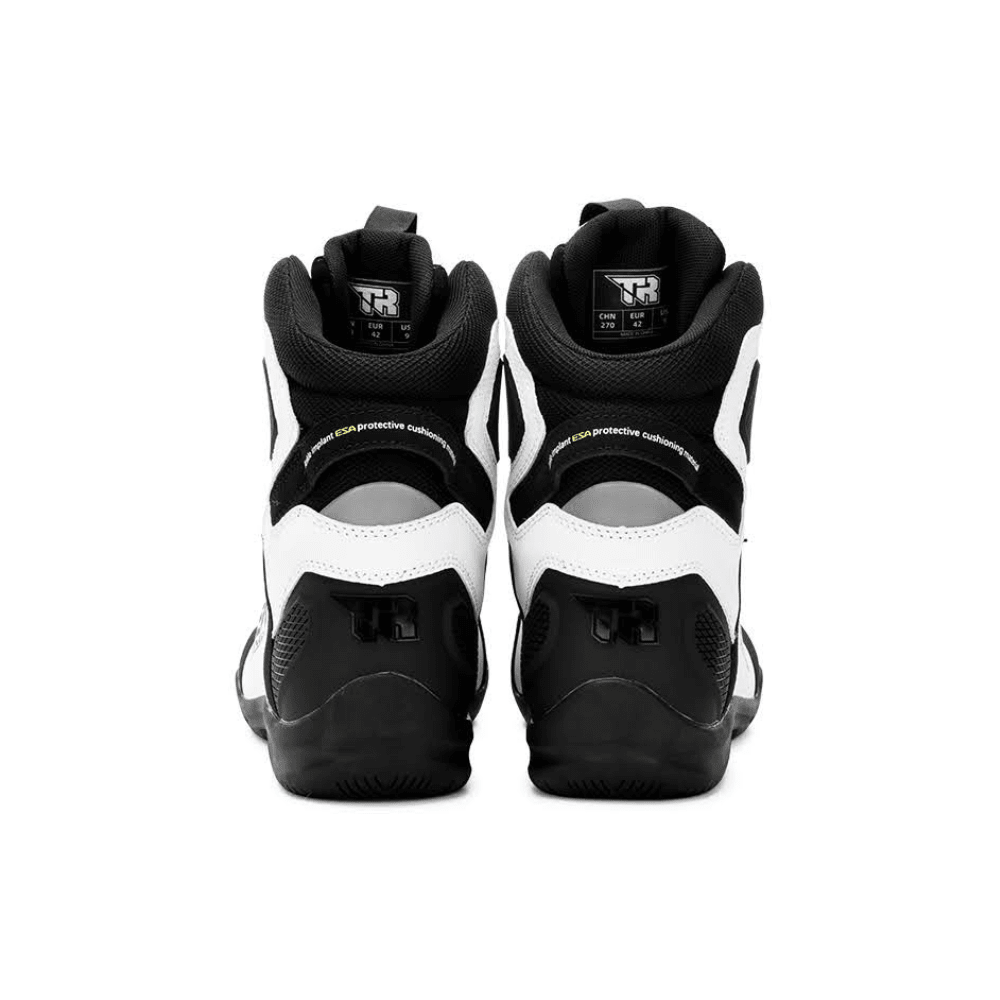 BOTAS URBANAS PARA MOTO TR TIGER R1 BLANCAS Y NEGRAS CON AJUSTE ROTATIVO4