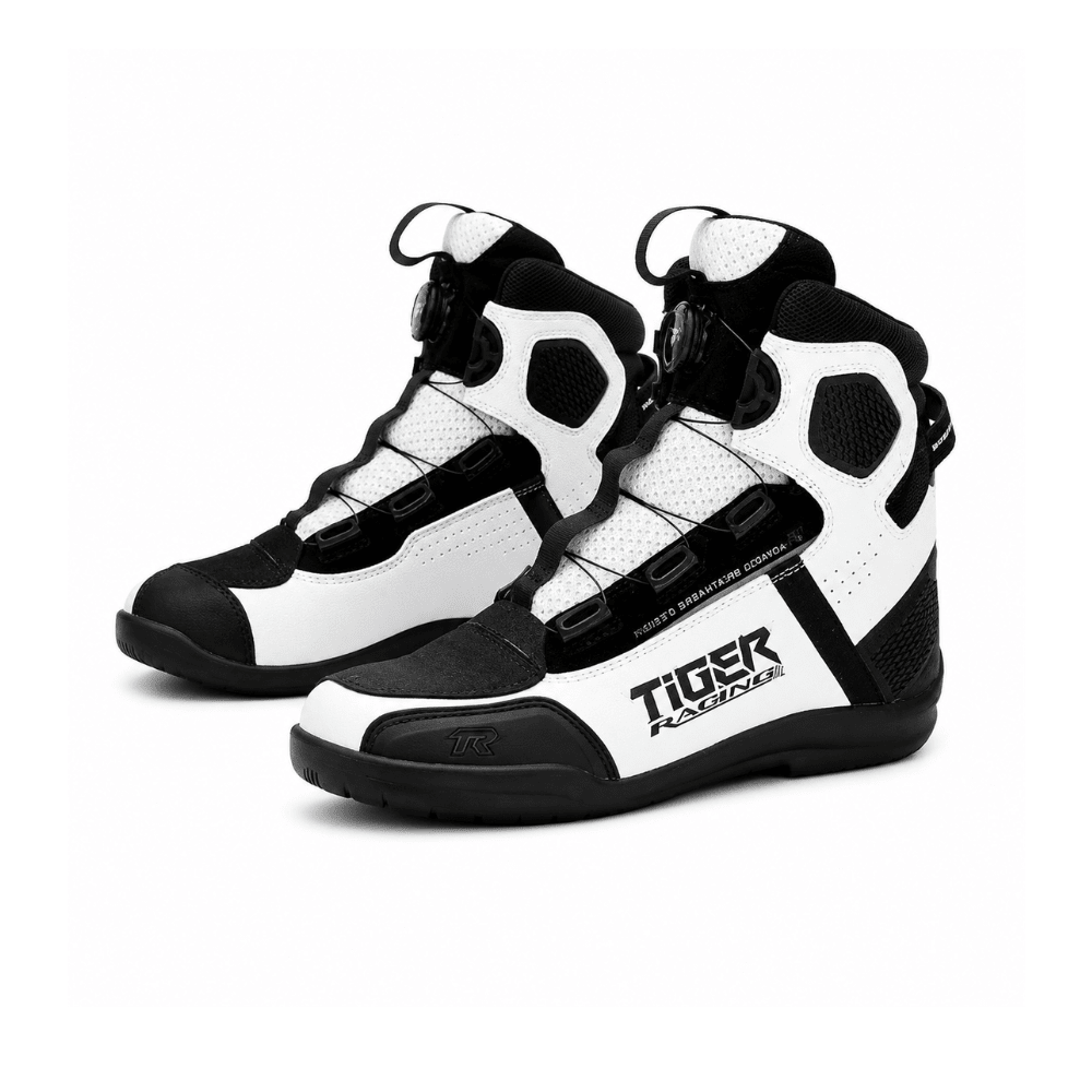 BOTAS URBANAS PARA MOTO TR TIGER R1 BLANCAS Y NEGRAS CON AJUSTE ROTATIVO1