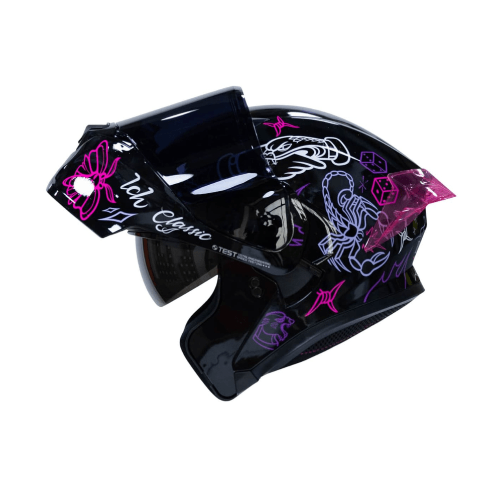 CASCO PARA MOTO ICH 3120 TRADICIONAL LILA ABATIBLE CON DOBLE VISOR2