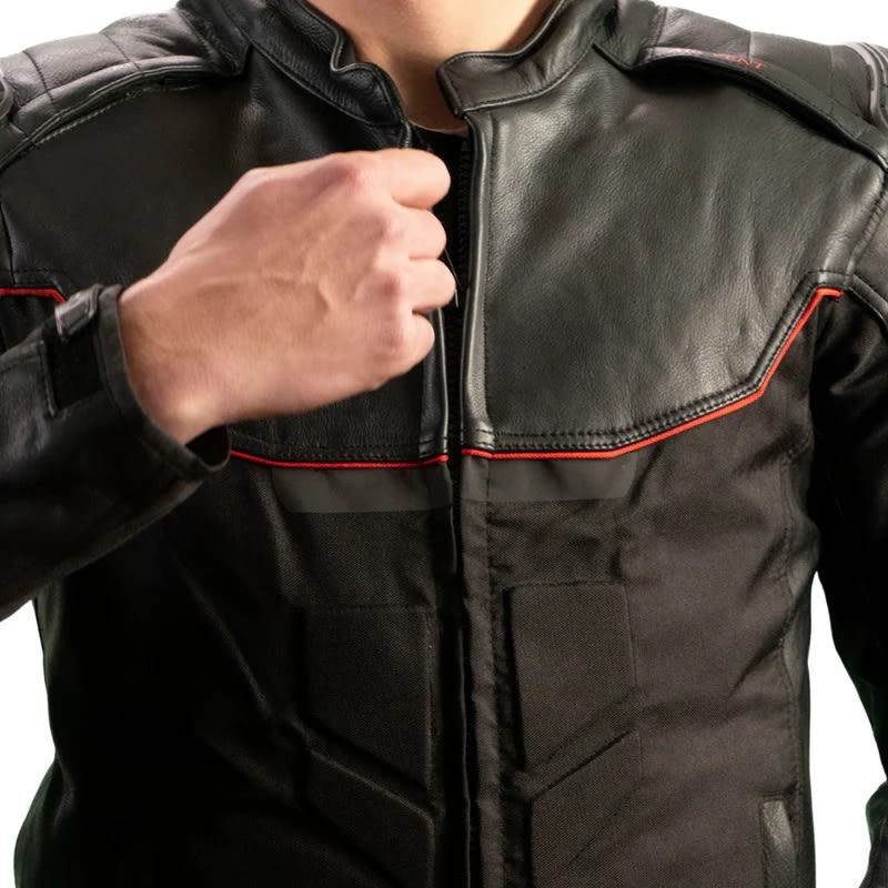 CHAQUETA CUERO CORDURA MIXTA NEGRA ROJA PARA MOTO | PROTECCIÓN, RESISTENCIA Y ESTILO DEPORTIVO3