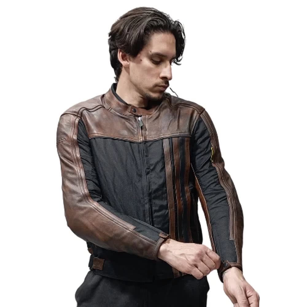 CHAQUETA MIXTA CUERO CORDURA CAFÉ PARA MOTO | PROTECCIÓN, ESTILO Y RESISTENCIA2