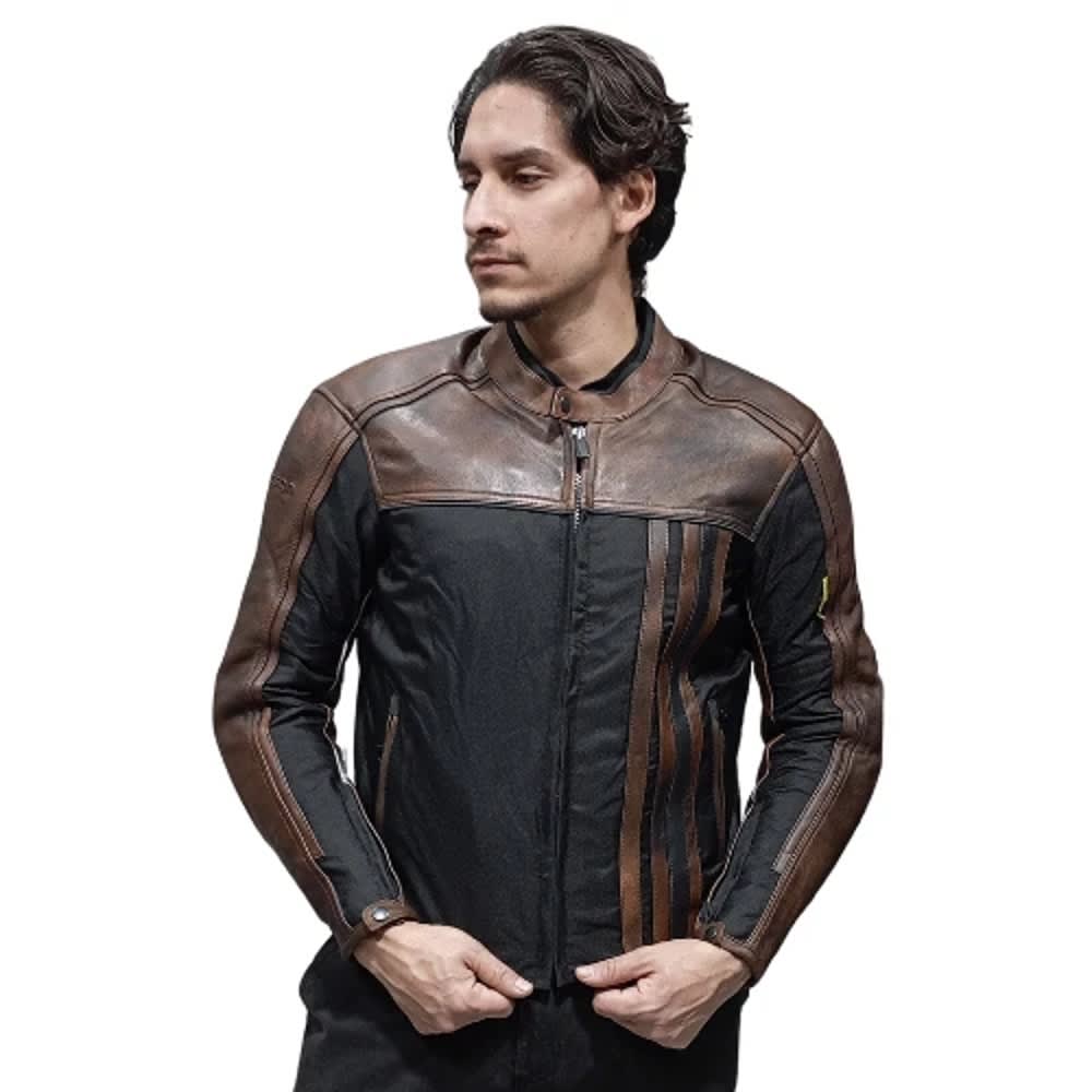 CHAQUETA MIXTA CUERO CORDURA CAFÉ PARA MOTO | PROTECCIÓN, ESTILO Y RESISTENCIA1