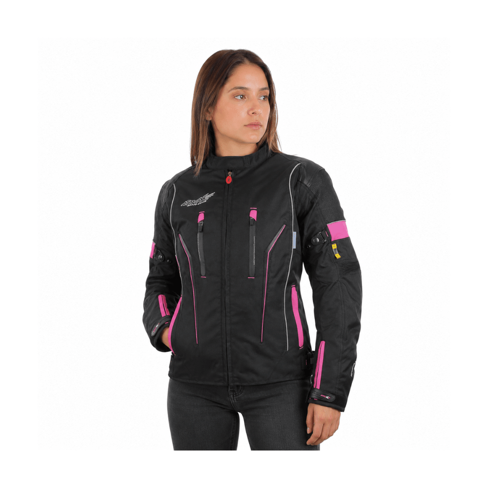 CHAQUETA PARA MOTO MUJER ATROX CHRONO-1 CON PROTECCIONES NEGRA ROSA6