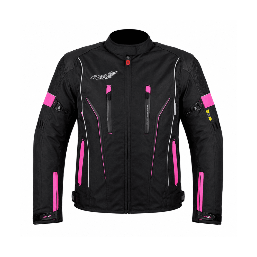 CHAQUETA PARA MOTO MUJER ATROX CHRONO-1 CON PROTECCIONES NEGRA ROSA1