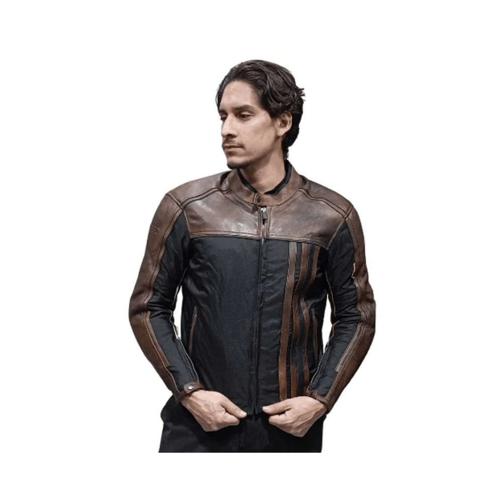 CHAQUETA MIXTA CUERO CORDURA CAFÉ PARA MOTO | PROTECCIÓN, ESTILO Y RESISTENCIA2