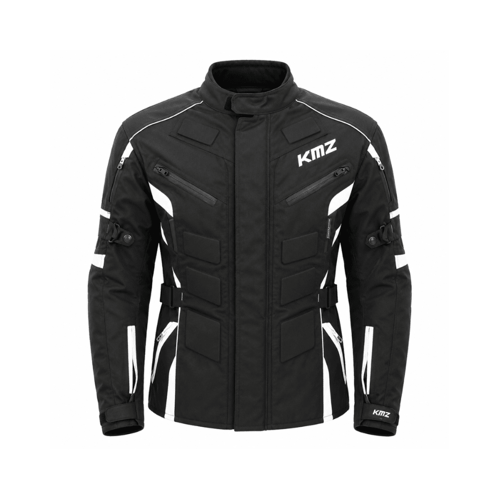 CHAQUETA DE MOTO KMZ NEGRA REFLECTORES BLANCO | PROTECCIÓN EN CADA TRAYECTO1