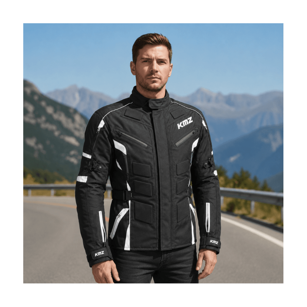 CHAQUETA DE MOTO KMZ NEGRA REFLECTORES BLANCO | PROTECCIÓN EN CADA TRAYECTO2