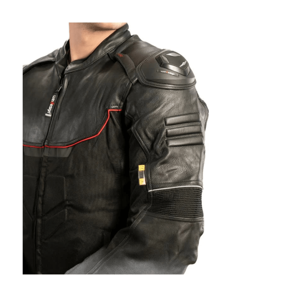 CHAQUETA PARA MOTO WINDESIGN MIXTA DE CUERO Y CORDURA CON PROTECCIONES NEGRA ROJA4