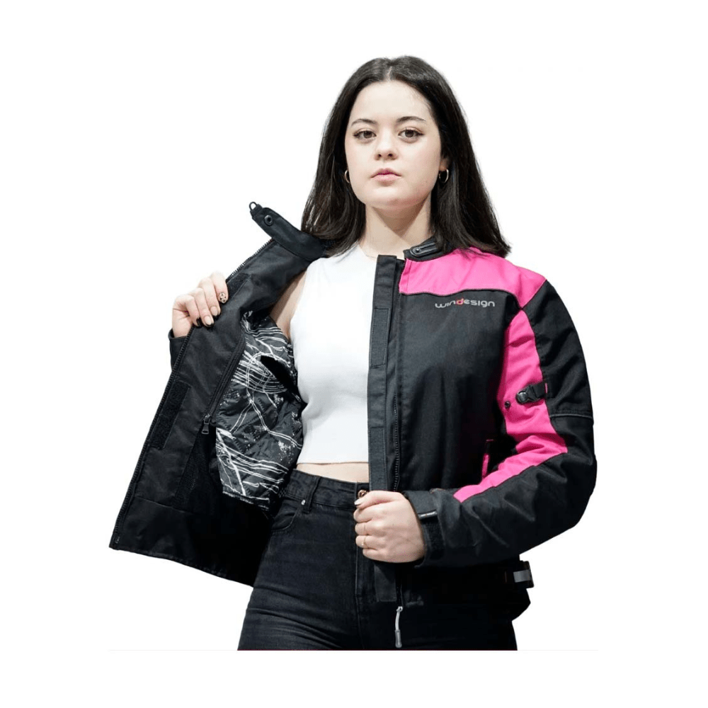 CHAQUETA PARA MOTO MUJER DE CORDURA CON PROTECCIONES NEGRA ROSA2