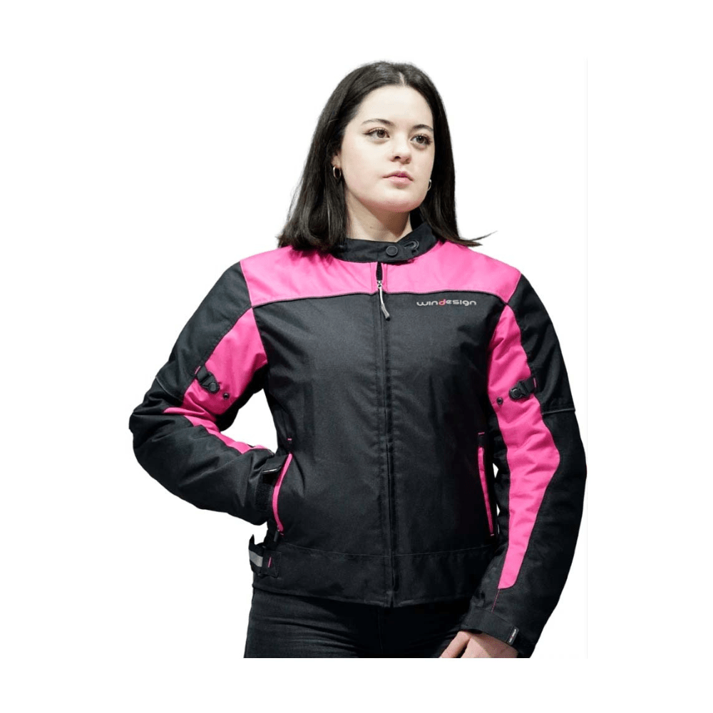 CHAQUETA PARA MOTO MUJER DE CORDURA CON PROTECCIONES NEGRA ROSA3