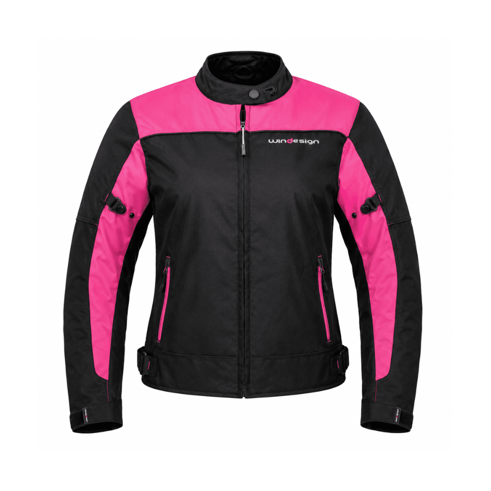 CHAQUETA PARA MOTO MUJER DE CORDURA CON PROTECCIONES NEGRA ROSA1