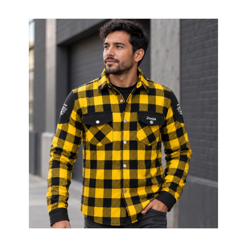 CHAQUETA PARA MOTO ZOQA TIPO LEÑADORA AMARILLA CON PROTECCIONES2