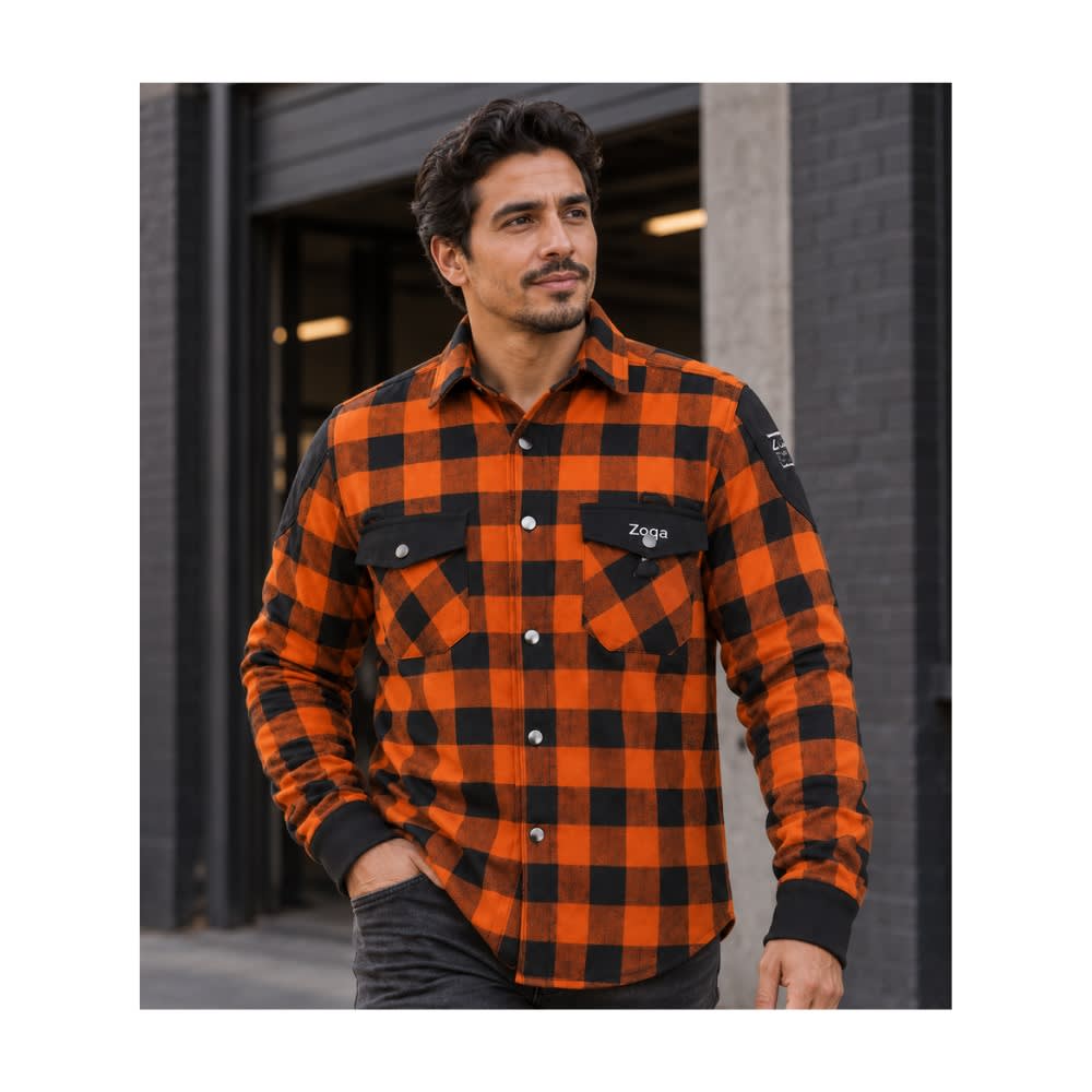 CHAQUETA PARA MOTO ZOQA TIPO LEÑADORA NARANJO CON PROTECCIONES2