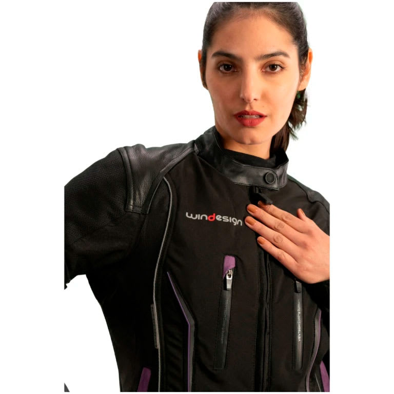 chaqueta cordura mujer negra morada detalles cuero3