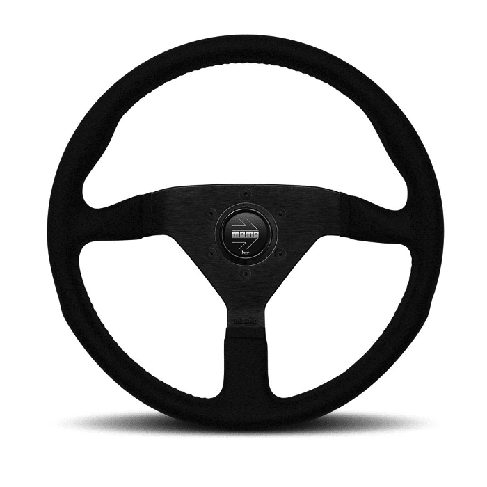 VOLANTE DEPORTIVO MONTECARLO - GAMUZA NEGRO COSTURA ROJAS 350MM | MOMO1