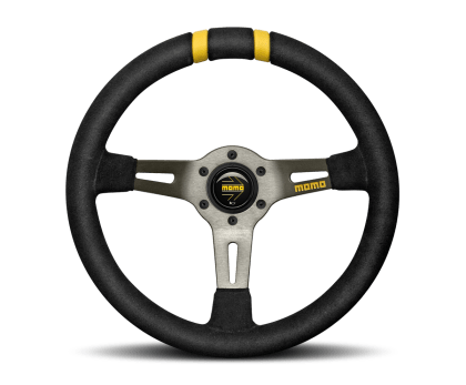 VOLANTE DEPORTIVO MOD DRIFT - GAMUZA NEGRA MARCAS AMARILLAS 330MM | MOMO1