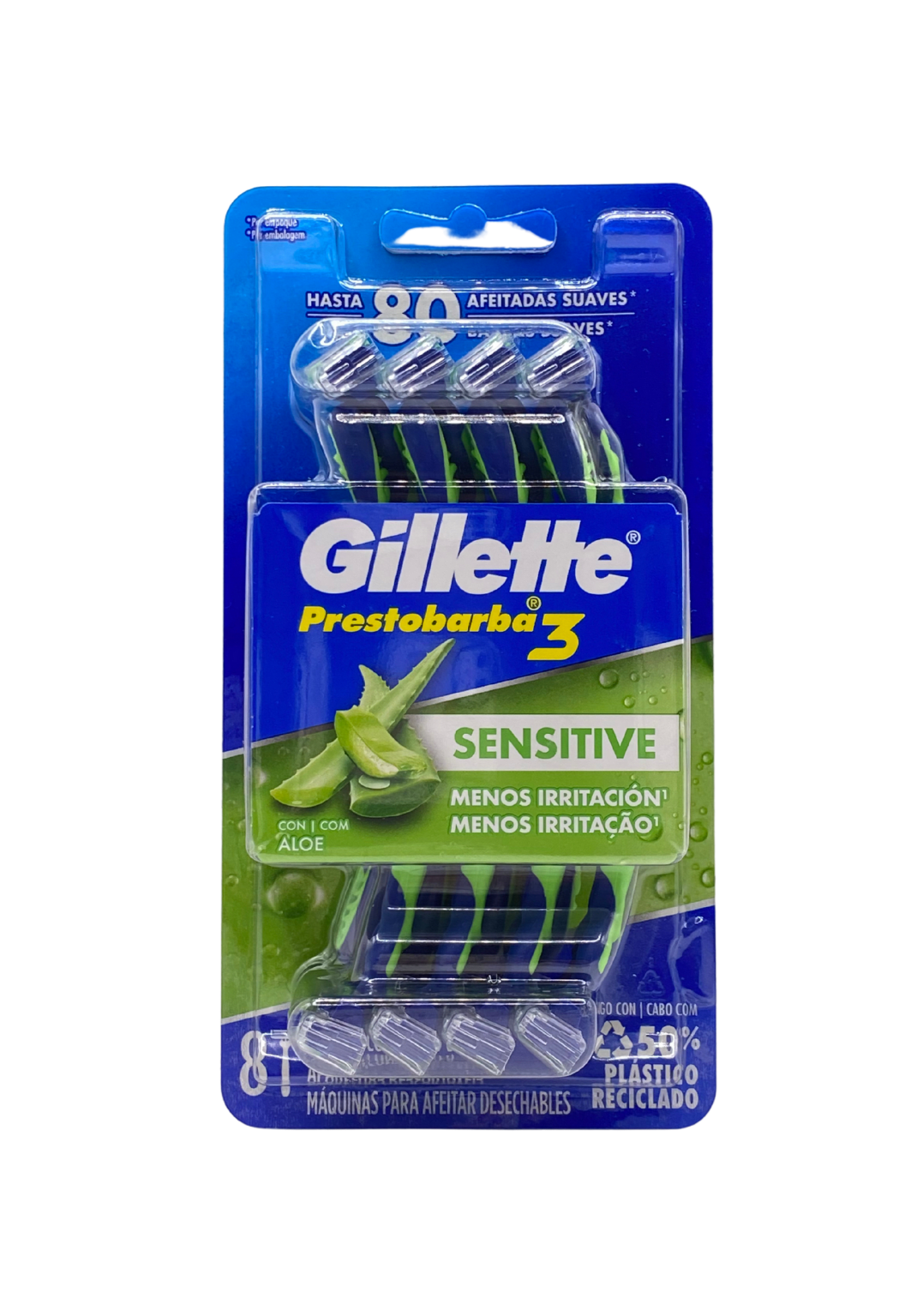 GILLETTE PRESTOBARBA 3 HOJAS SENSITIVE 8 MÁQUINAS DESECHABLES.